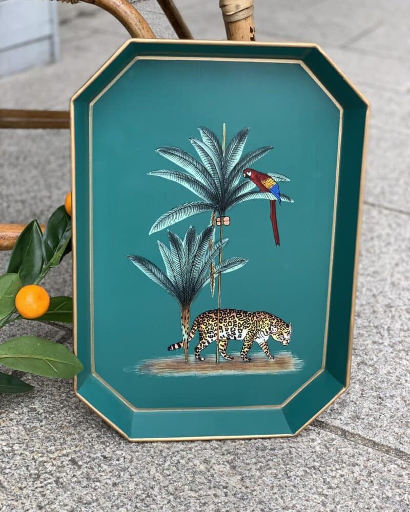 LES-OTTOMANS Hand Painted Tray Green Tiger