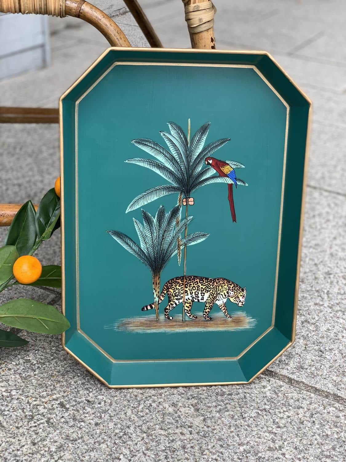 LES-OTTOMANS Hand Painted Tray Green Tiger