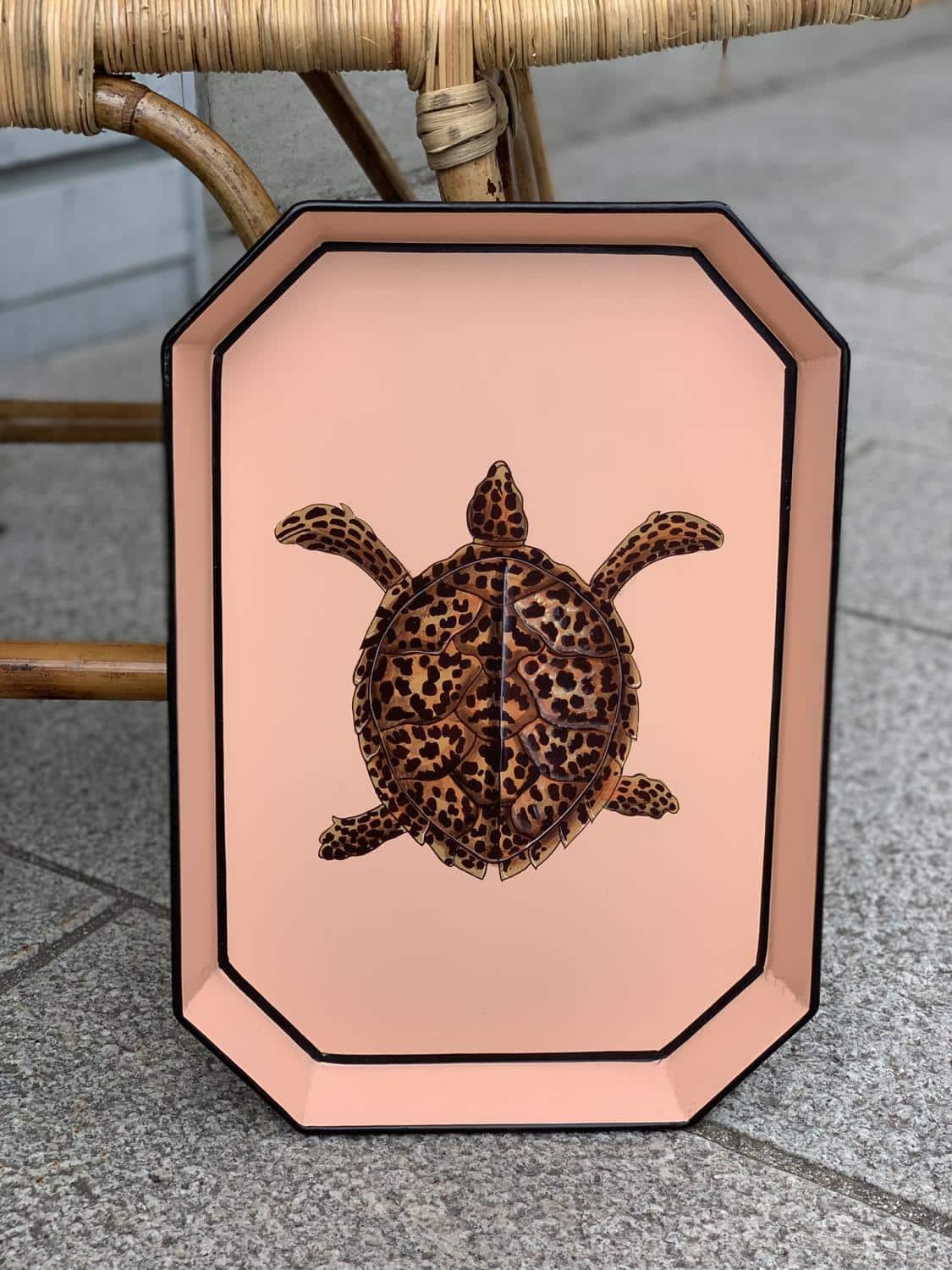 LES-OTTOMANS Hand Painted Tray Peach Turtle