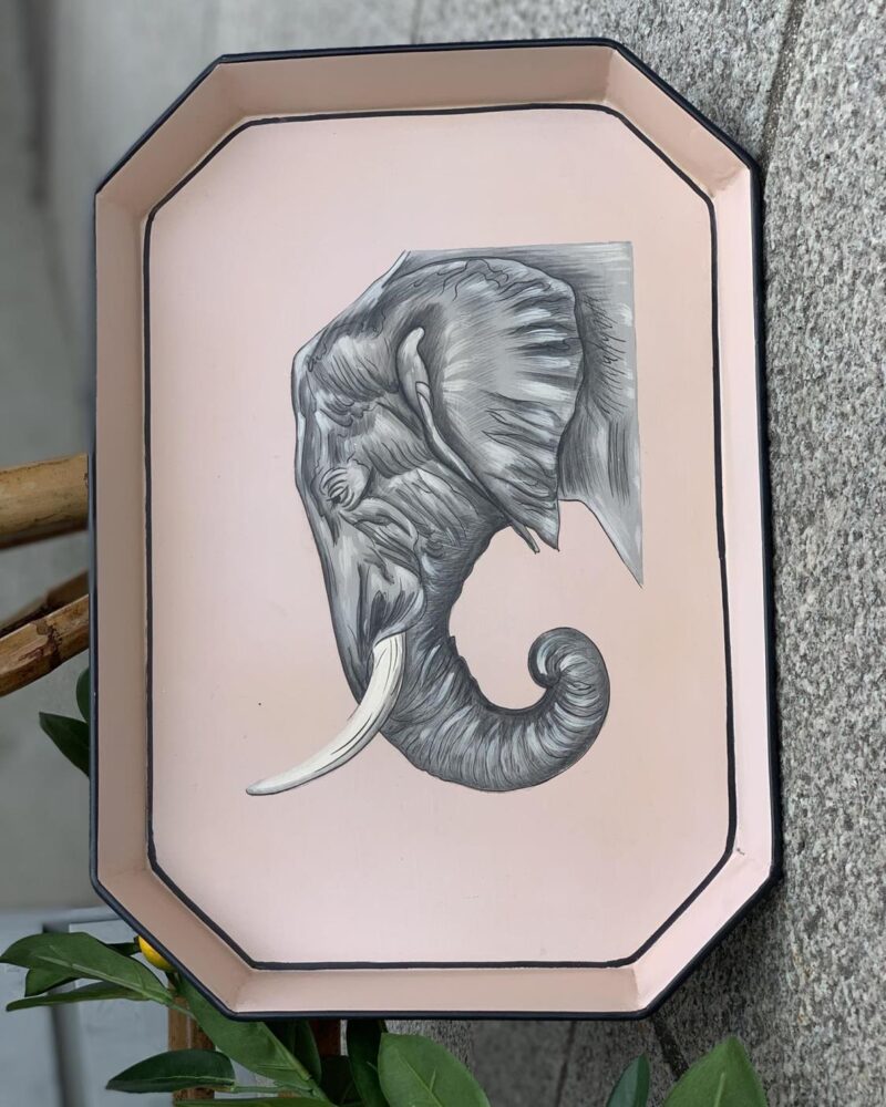 LES-OTTOMANS Hand Painted Tray Pink Elephant