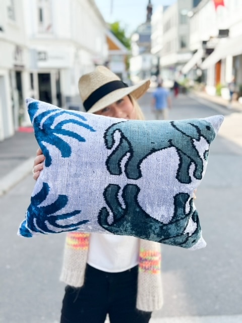 LES-OTTOMANS Silk Velvet Cushion Blue Elephant