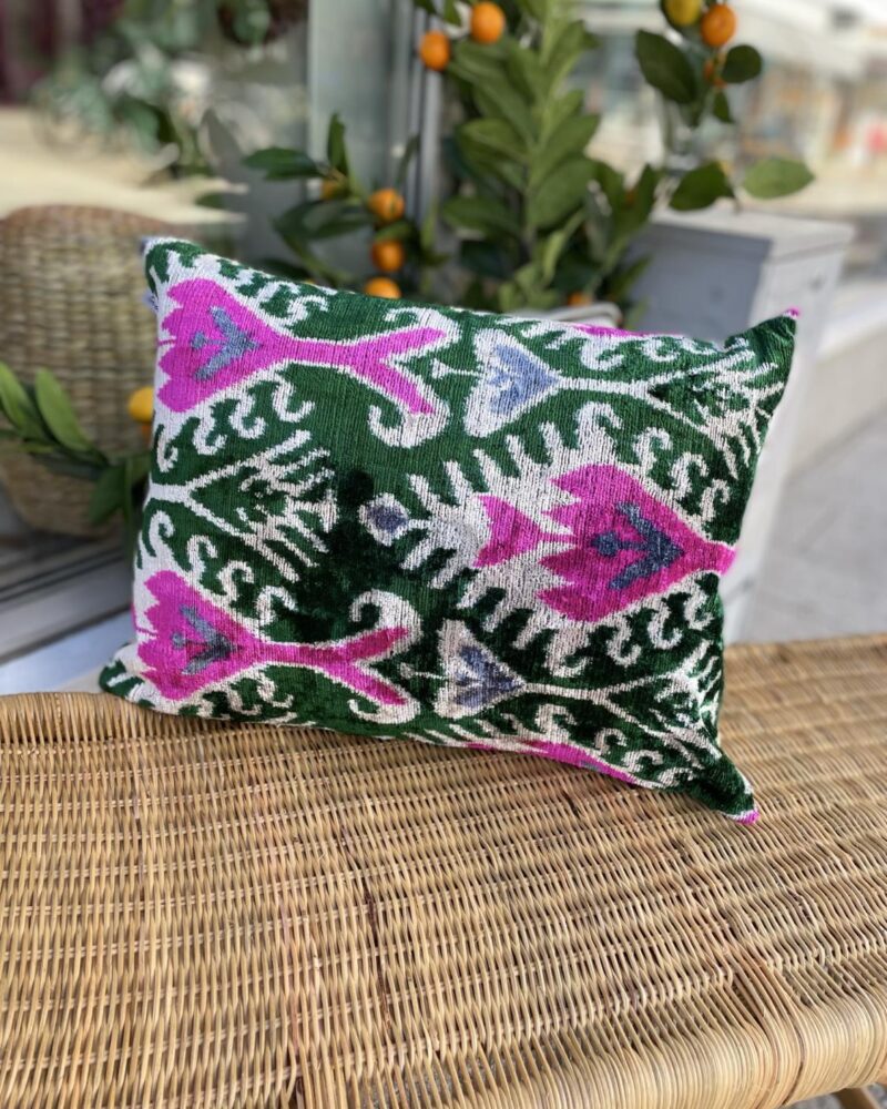 LES-OTTOMANS Silk Velvet Cushion Green/Pink