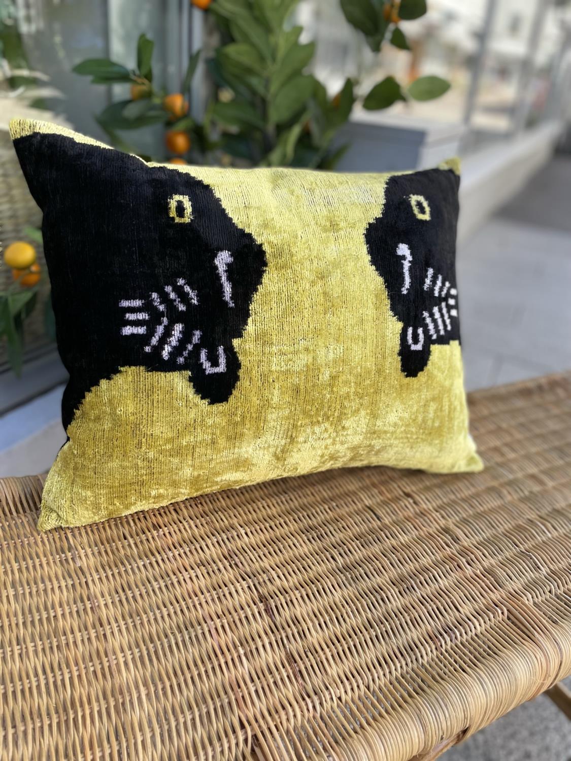 LES-OTTOMANS Silk Velvet Cushion Yellow Tiger