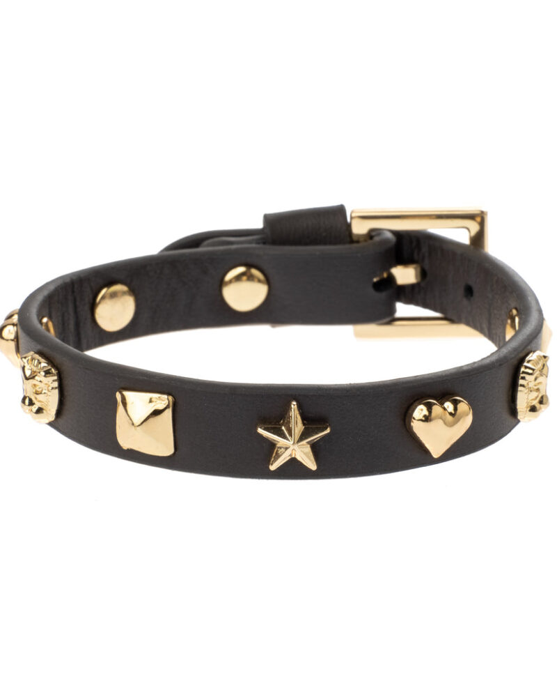 Dark Leather Sign Stud Bracelet Black