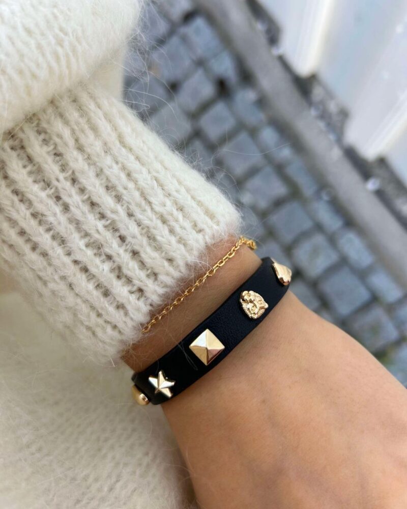 Dark Leather Sign Stud Bracelet Black