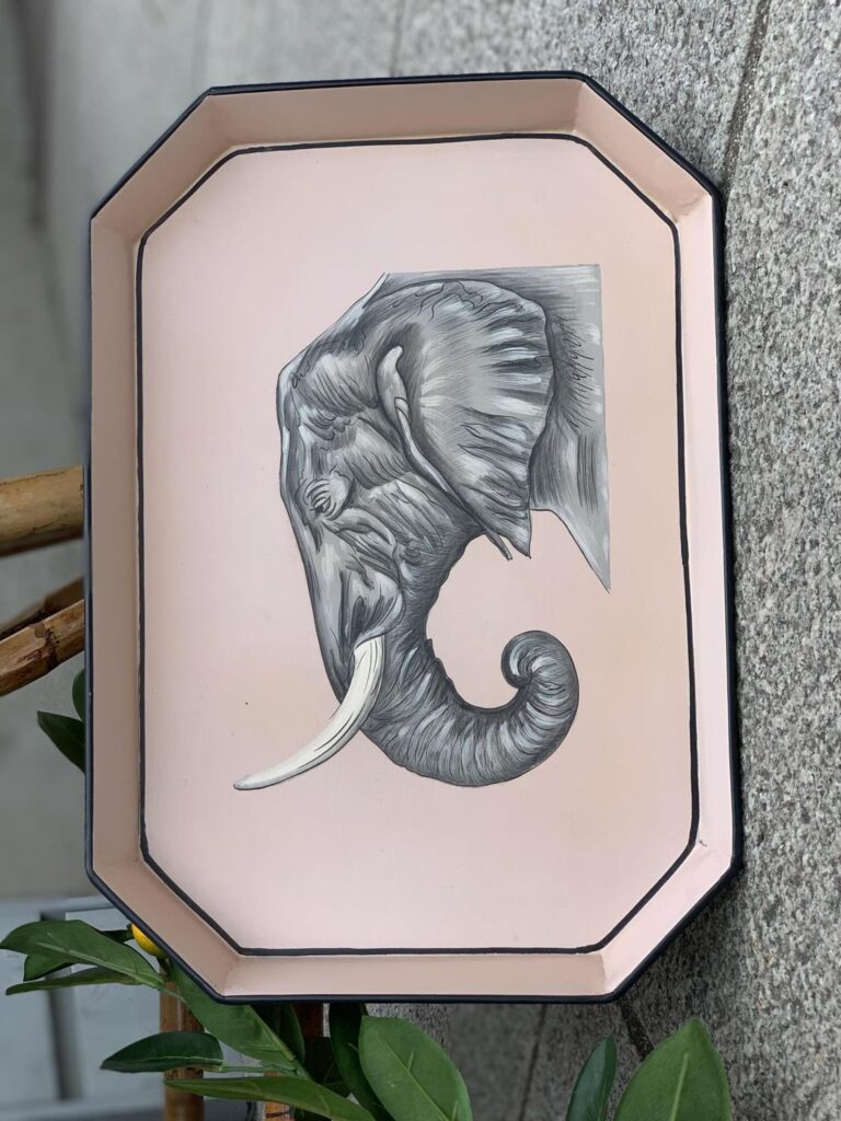 LES-OTTOMANS Hand Painted Tray Pink Elephant