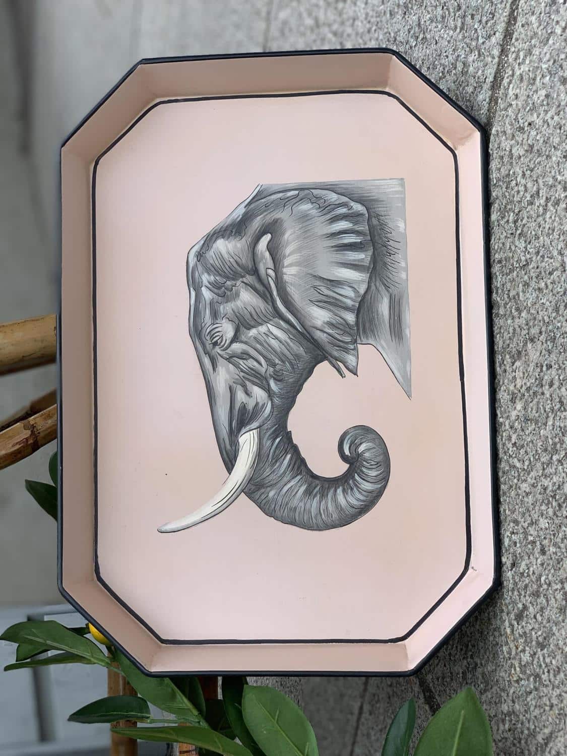 LES-OTTOMANS Hand Painted Tray Pink Elephant