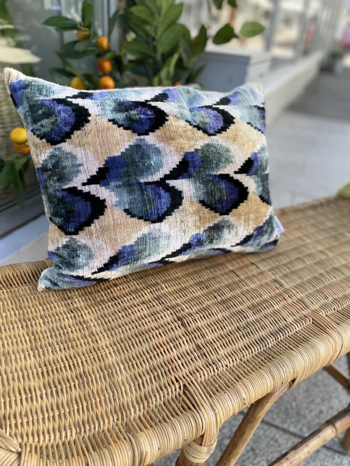 LES-OTTOMANS Silk Velvet Cushion Blue/Beige