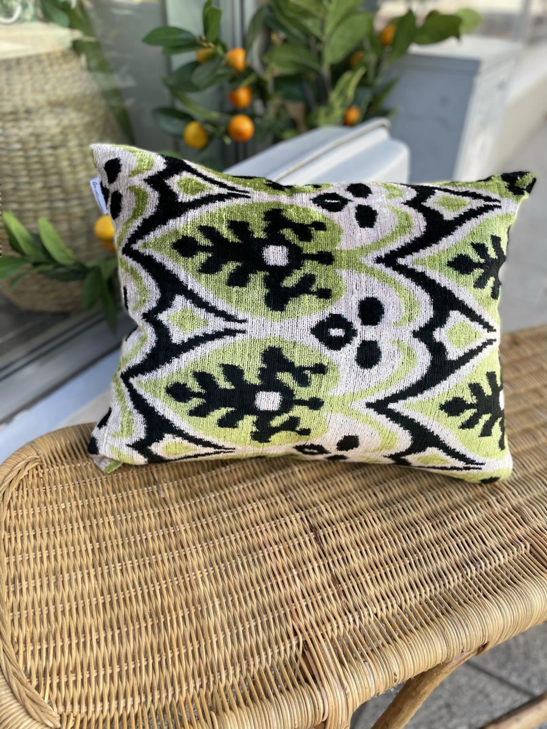 LES-OTTOMANS Silk Velvet Cushion Green/Black