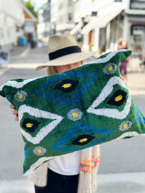 LES-OTTOMANS Silk Velvet Cushion Green/Blue