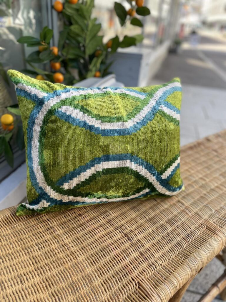 LES-OTTOMANS Silk Velvet Cushion Green Mix