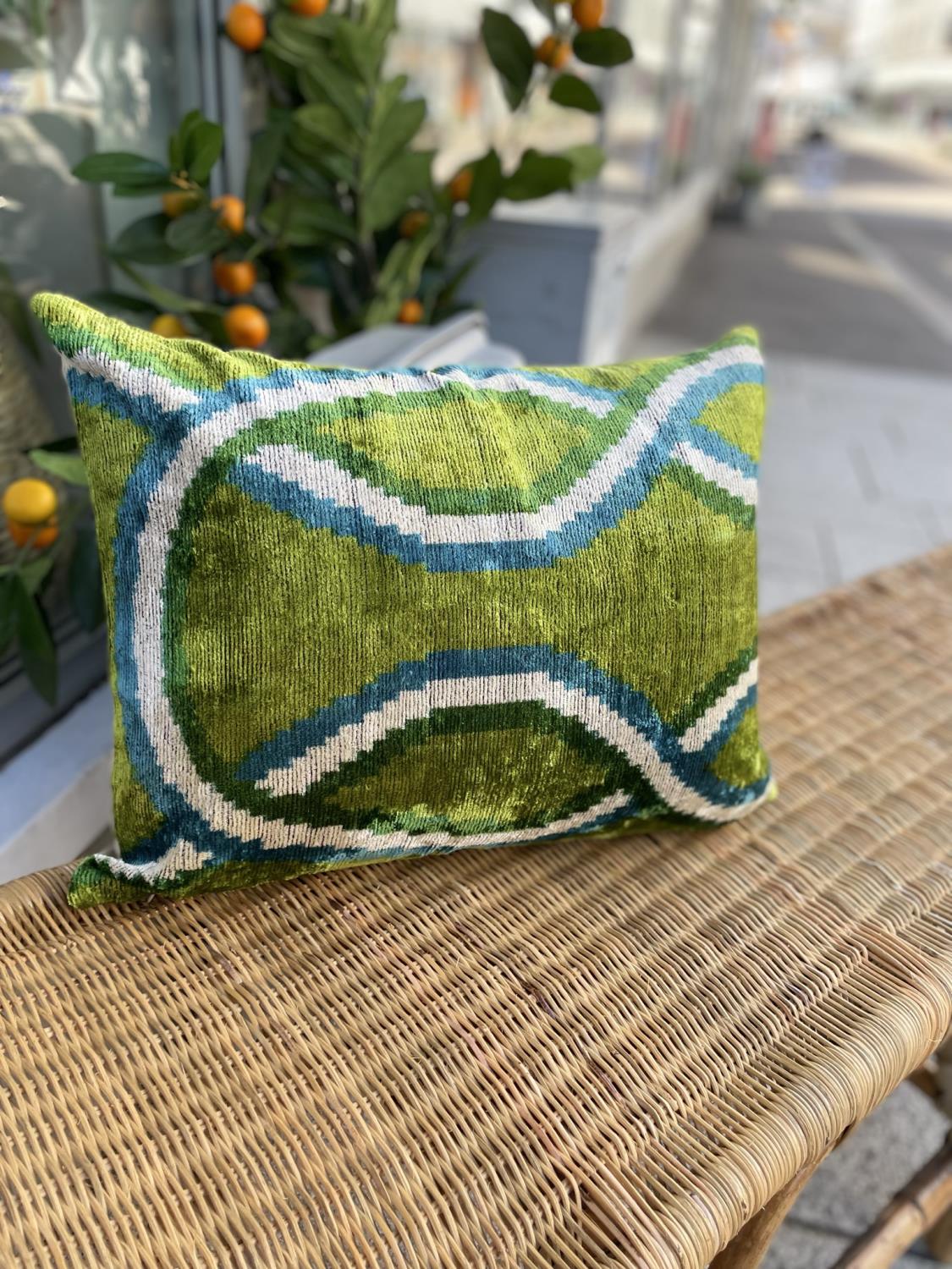 LES-OTTOMANS Silk Velvet Cushion Green Mix