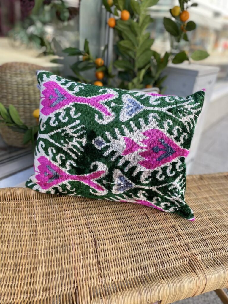 LES-OTTOMANS Silk Velvet Cushion Green/Pink