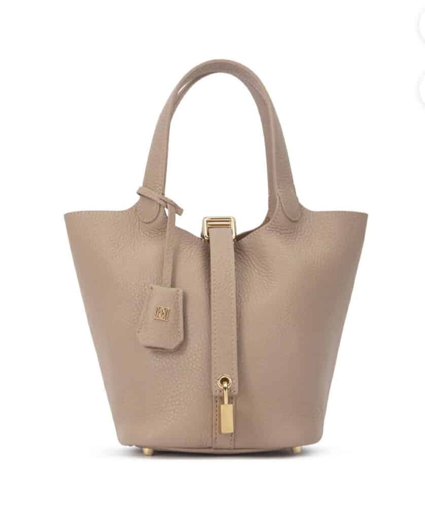 Dark Leather Bucket Bag Mini Dark Sand