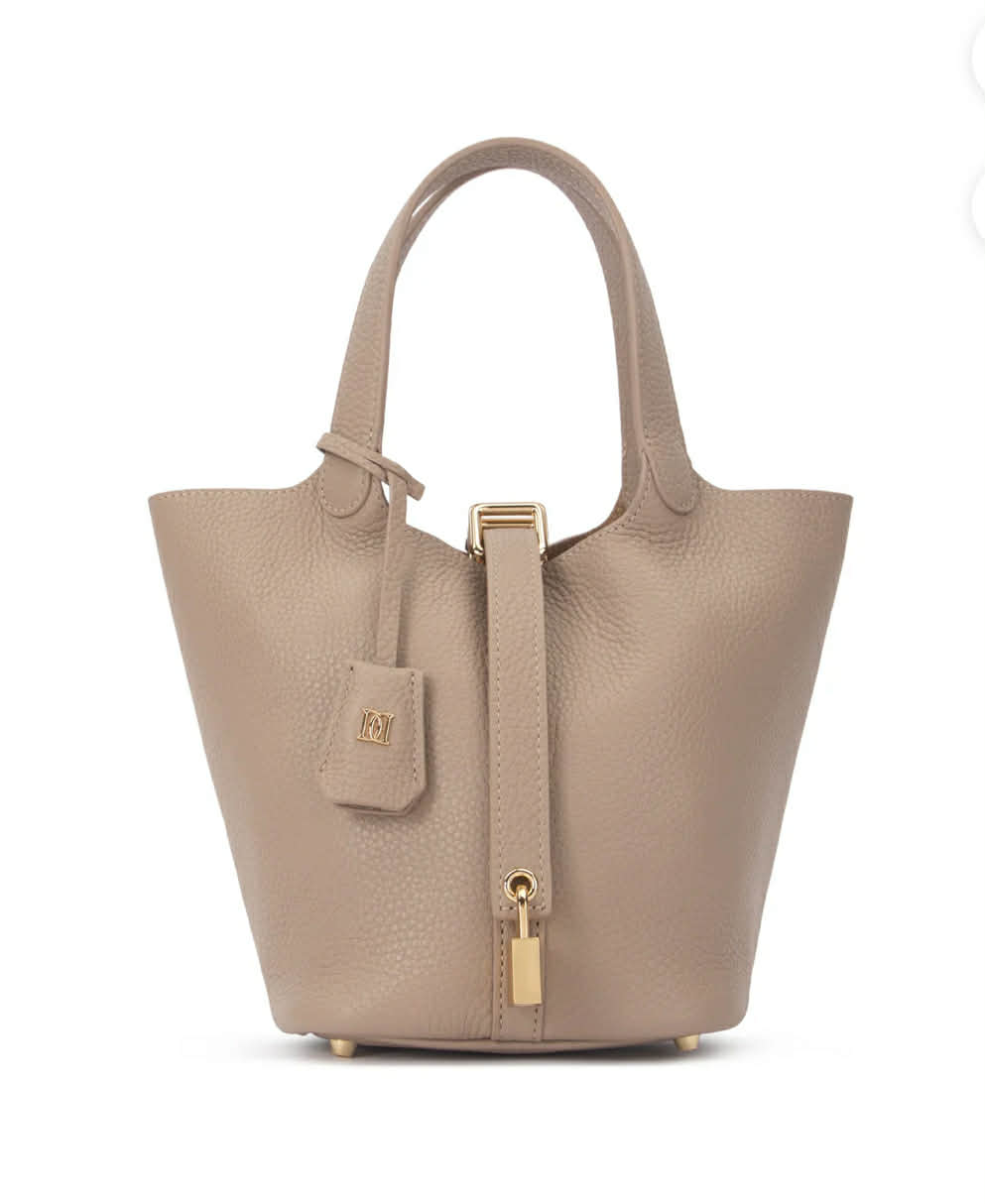 Dark Leather Bucket Bag Mini Dark Sand