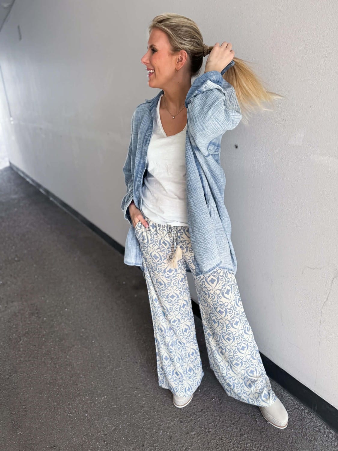 JDY Bree Wide Pants Blue Ikat