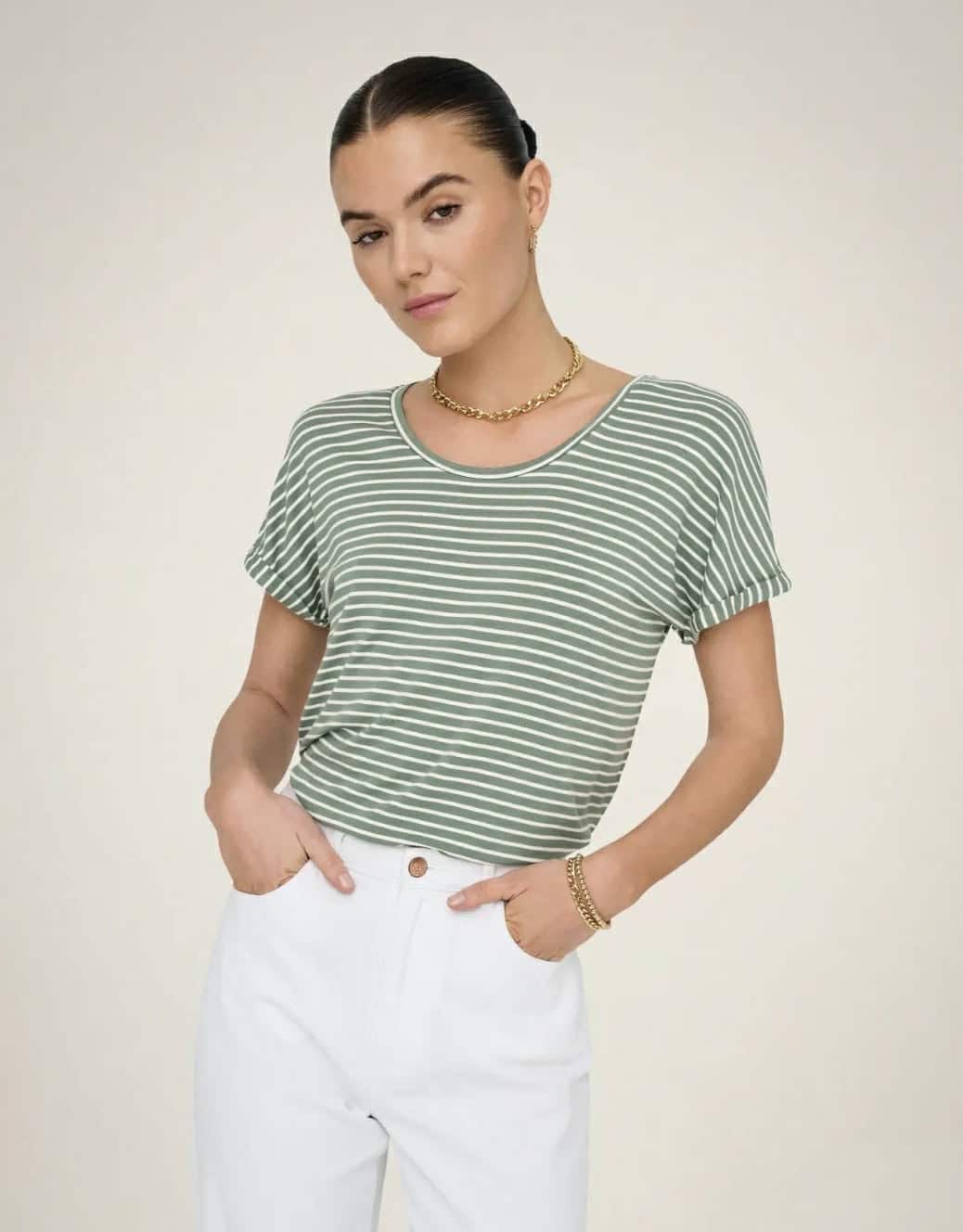 JDY Sissy V-Neck Top Green Stripe