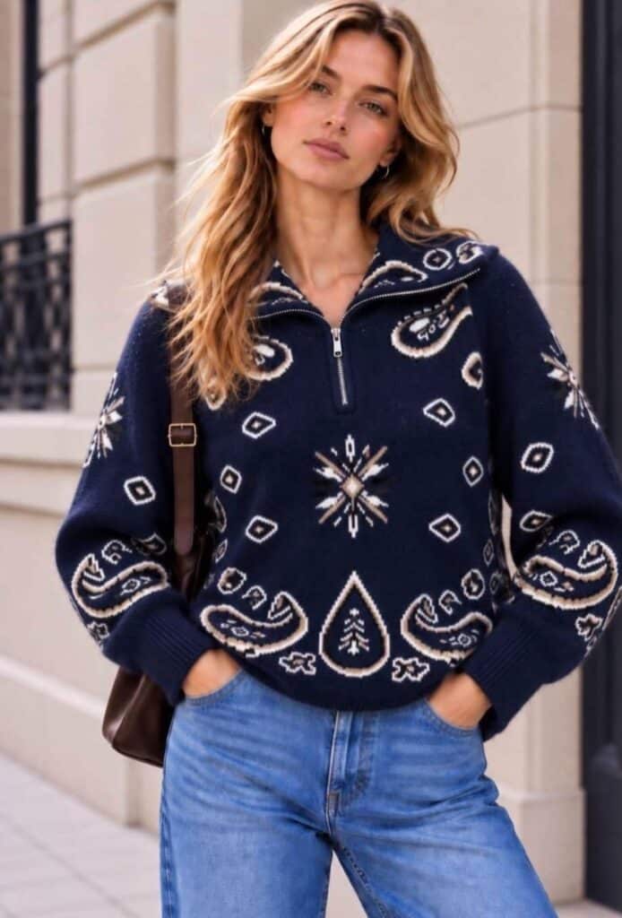 Miss Bon Paisley Zip Sweater Navy