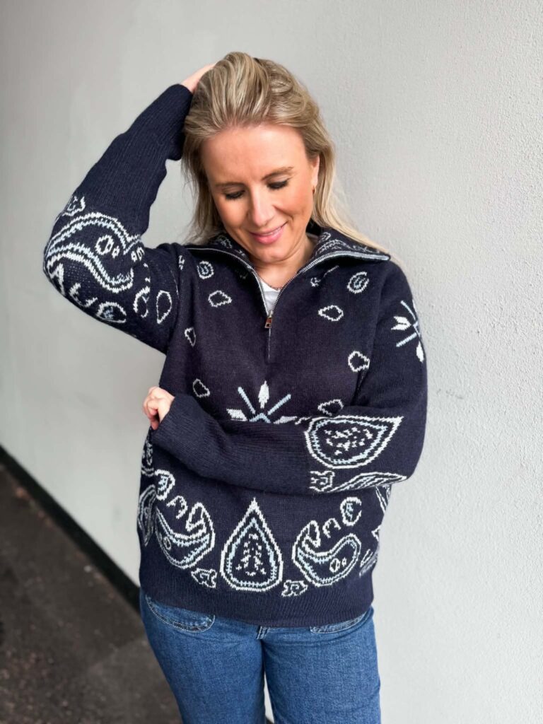 Miss Bon Paisley Zip Sweater Navy