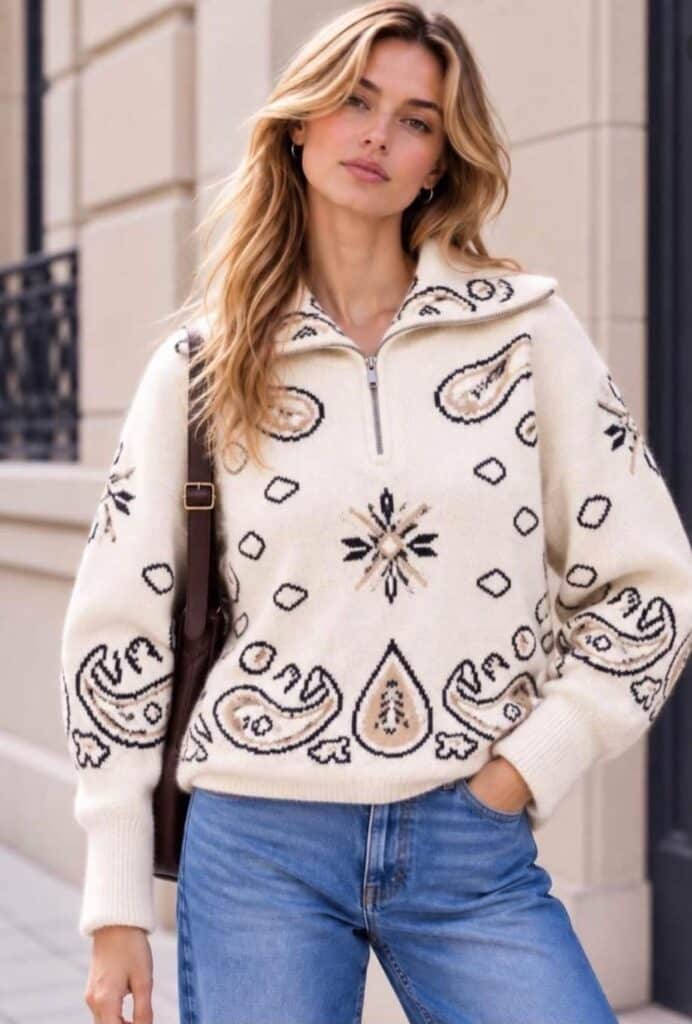 Miss Bon Paisley Zip Sweater Off White